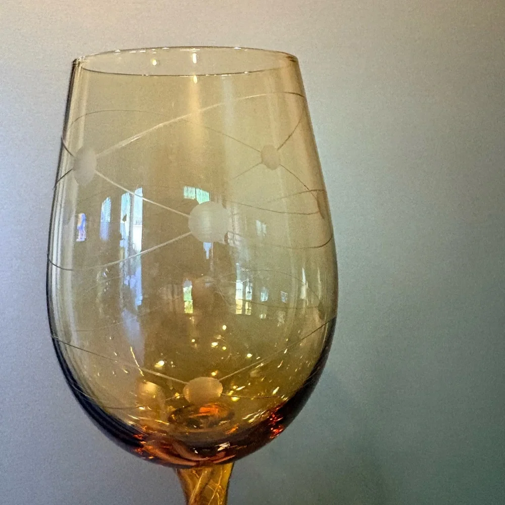 Vintage MCM Eisch Pirouette Amber Glasses, Air Twist Space Age Orbital Pattern 4